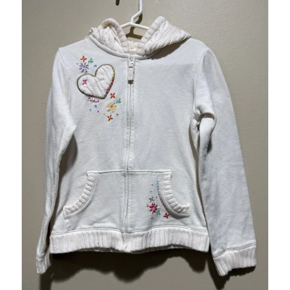 OshKosh B'gosh Girls 6X Hoodie White Zip Jacket Embroidered Floral Heart Cottage